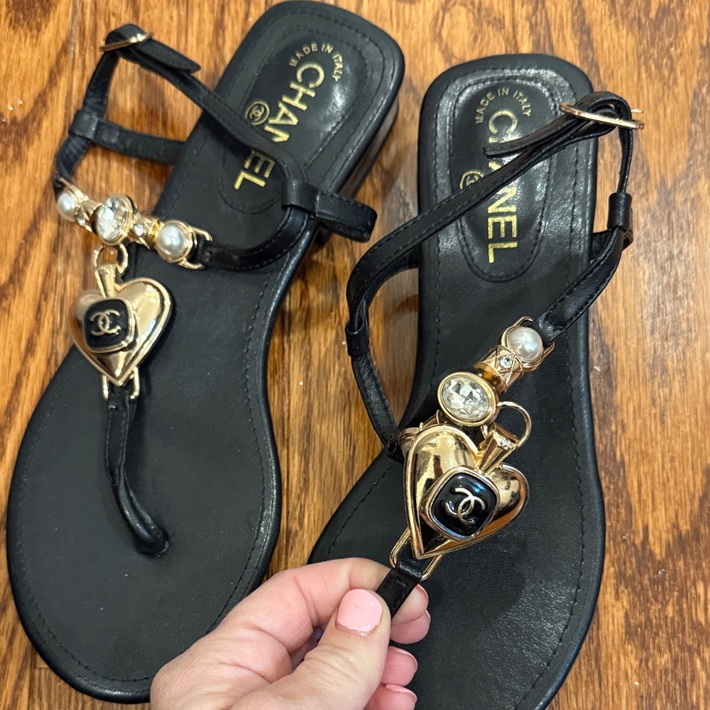 Chanel Black Sandals with Gold Heart Accents